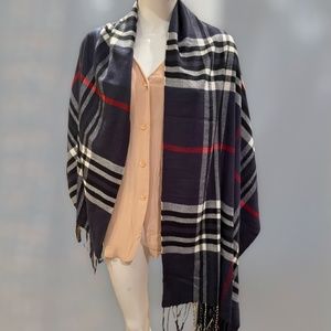 NYC ~ Navy blue Scarf  plaid fringed "Baby its Cold Outside"  ~ Multi Ways Wear